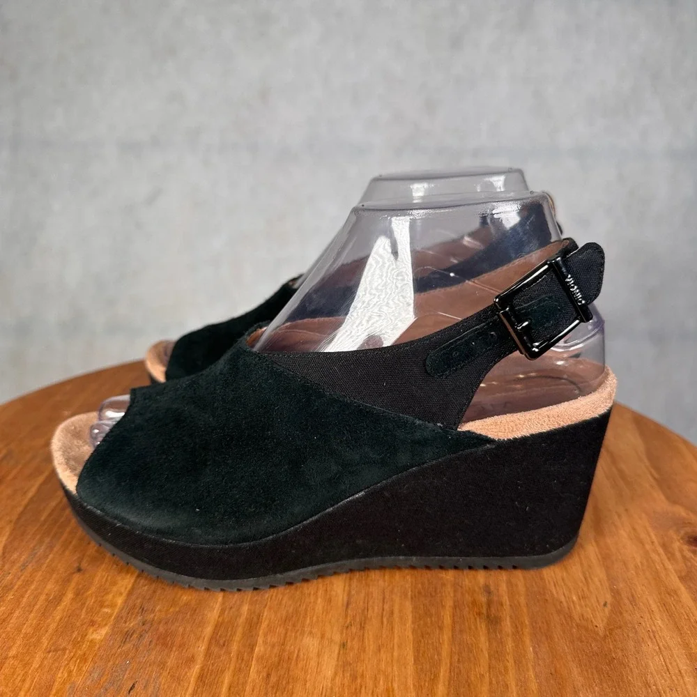 Vionic Trixie Wedge Sandals Womens 6.5 Black Good Suede Peep Toe 10010569